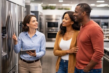 Homeowners examining modern kitchen appliances in a bright showroom with a sales associate assisting them