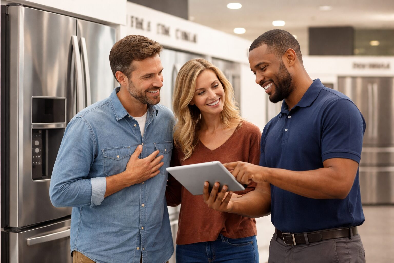 couple shopping for kitchen appliances in a bright modern showroom discussing warranty options with sales associate
