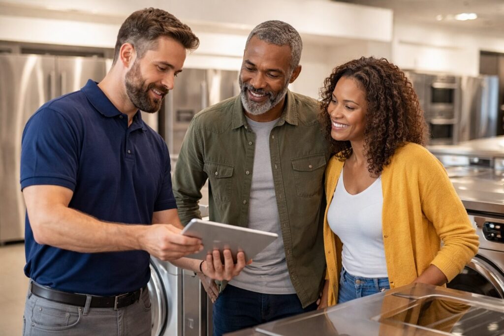 Homeowner and appliance technician discussing repair options next to a modern refrigerator in a bright kitchen