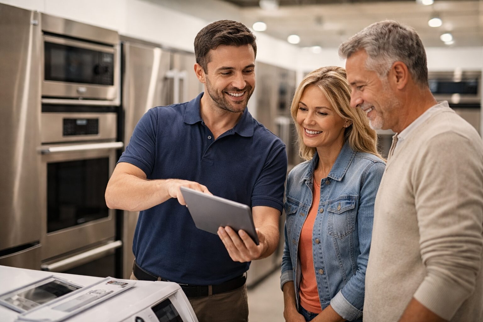 couple examining modern kitchen appliances in showroom with sales associate discussing warranty options