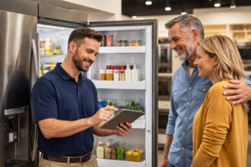 couple examining modern kitchen appliances in showroom with sales associate discussing warranty options