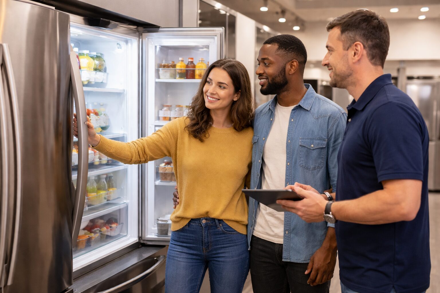 Appliance store sales associate helping a middle-aged couple choose a refrigerator in a bright showroom