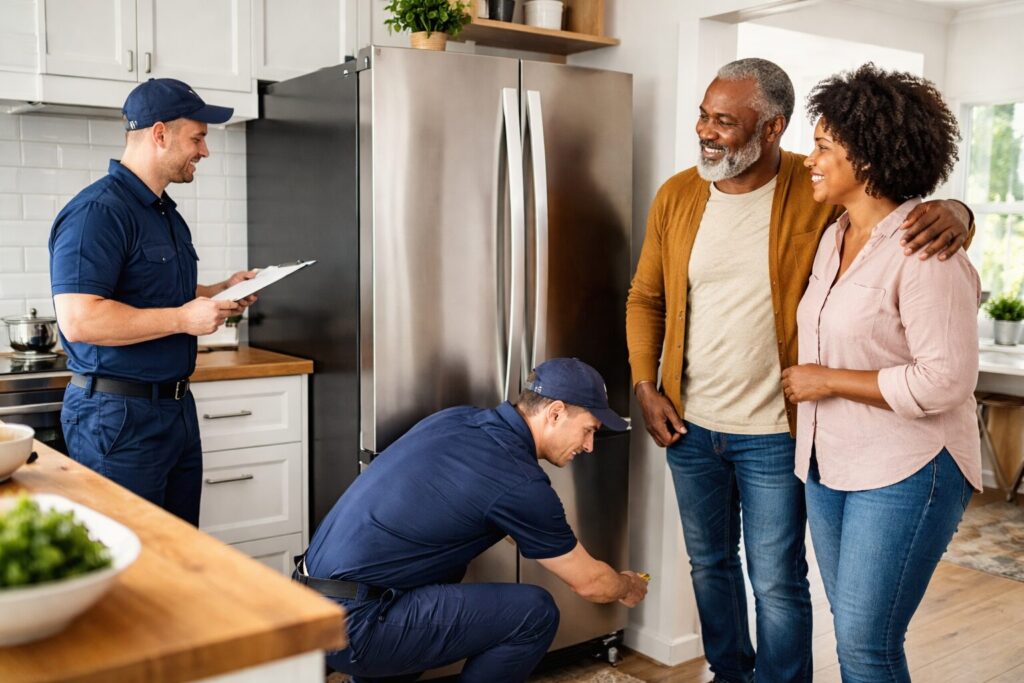 couple examining a modern refrigerator in an appliance showroom with a sales associate assisting them