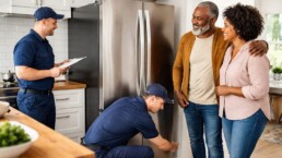 couple examining a modern refrigerator in an appliance showroom with a sales associate assisting them