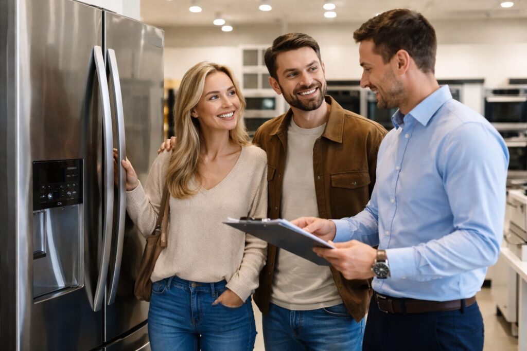 Young couple discussing warranty options with appliance salesperson in modern appliance showroom with stainless steel
