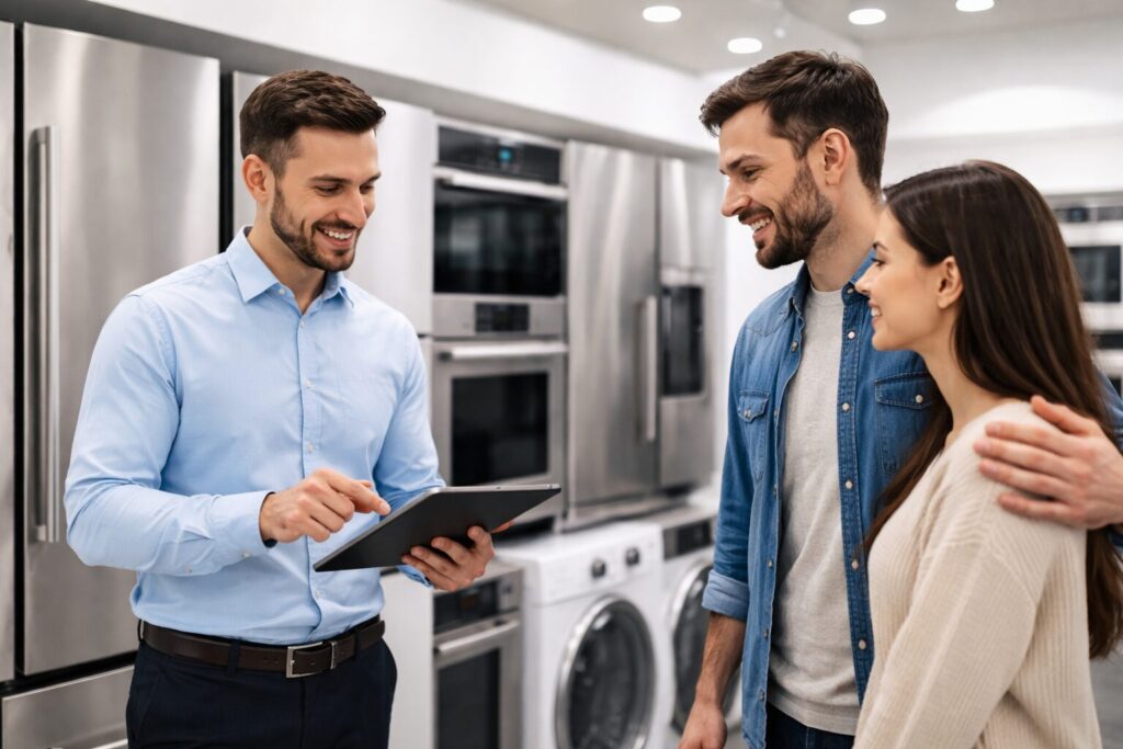 salesperson explaining appliance warranty options to a customer in a modern appliance store showroom