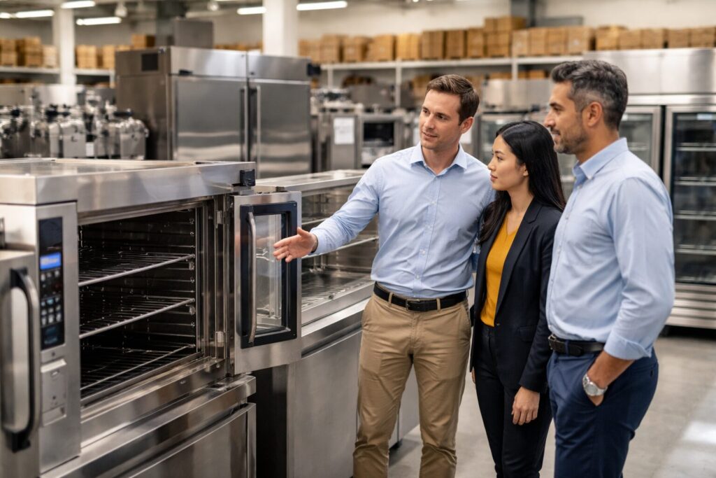 commercial appliance showroom with diverse staff assisting customers among rows of modern equipment on display