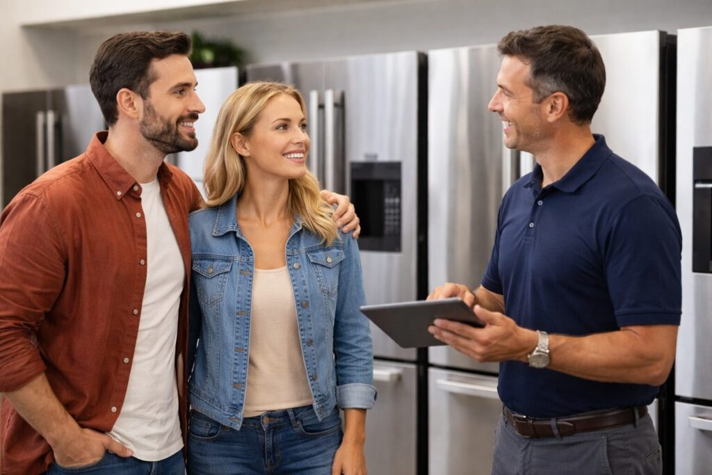 couple discussing appliance warranty options with sales associate in modern appliance showroom