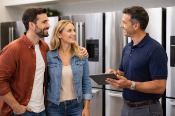couple discussing appliance warranty options with sales associate in modern appliance showroom