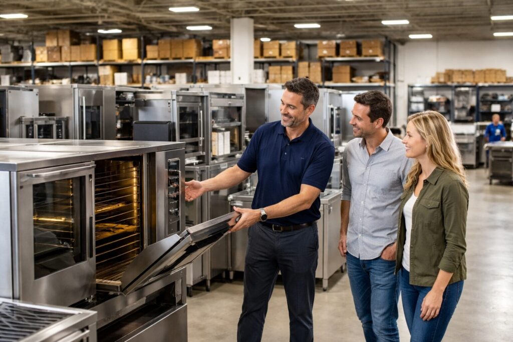 Commercial appliance showroom with staff assisting customers evaluating modern equipment displayed in organized rows
