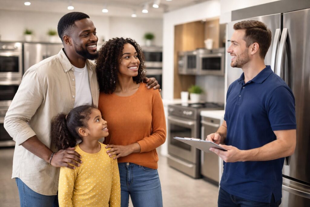 Multicultural family shopping for appliances in a bright showroom with a sales associate explaining warranty options