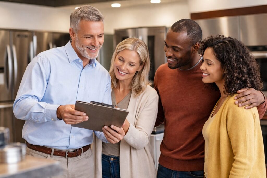 Appliance sales associate discussing warranty options with a couple in a modern kitchen showroom
