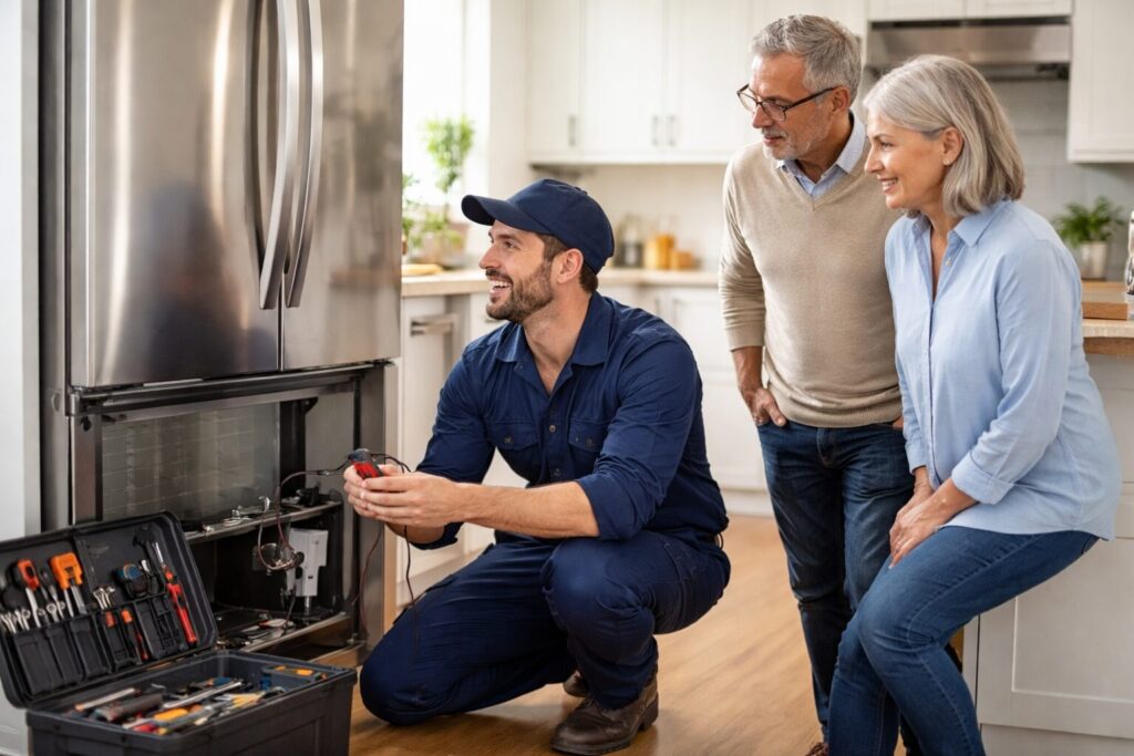 appliance technician inspecting a modern kitchen appliance while homeowner watches and discusses repair options
