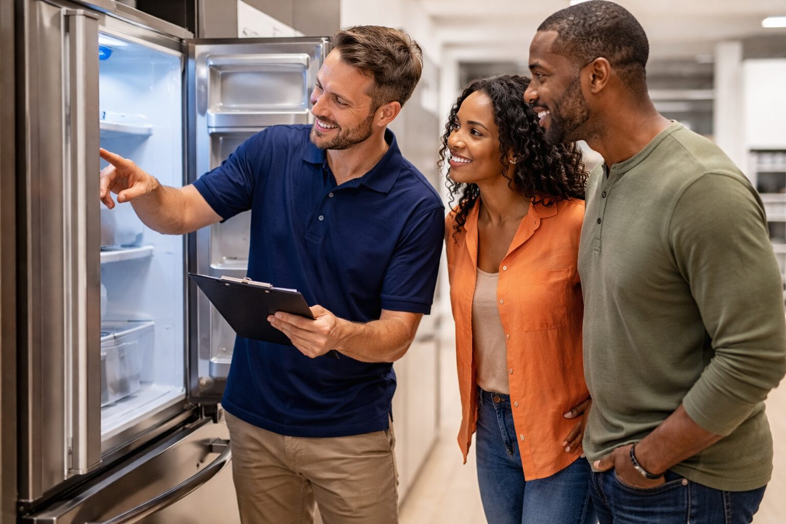couple discussing appliance warranty options with sales associate in modern appliance showroom