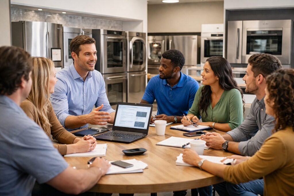 Appliance sales associate explaining warranty options to a diverse couple in a modern appliance showroom