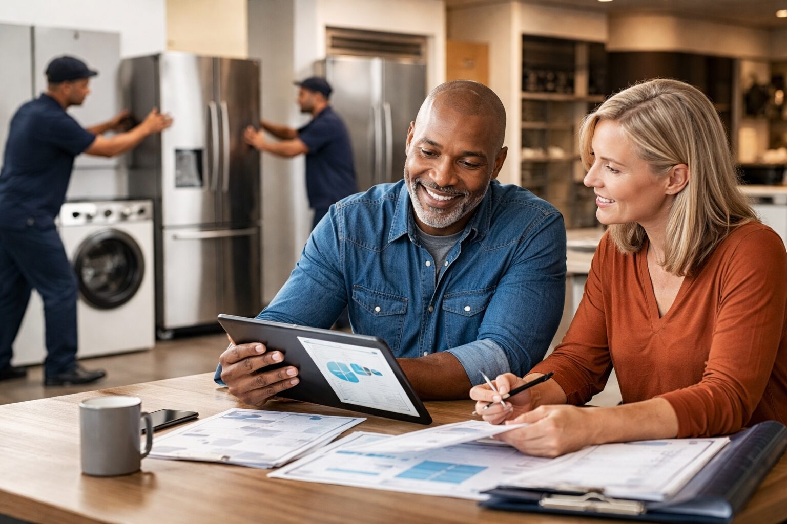 Appliance retailer discussing warranty options with a customer in a modern showroom surrounded by kitchen appliances