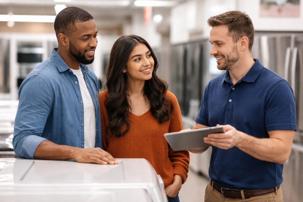 Diverse group of customers and sales associates discussing appliance warranty options in a bright modern showroom