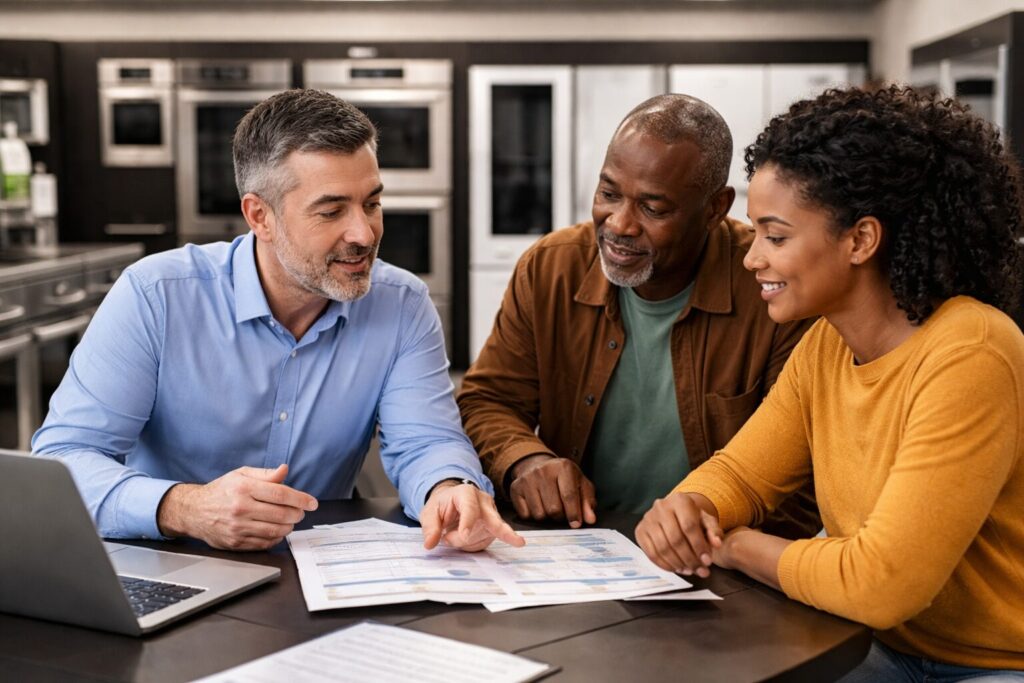 couple reviewing warranty documents with appliance sales associate in modern appliance showroom