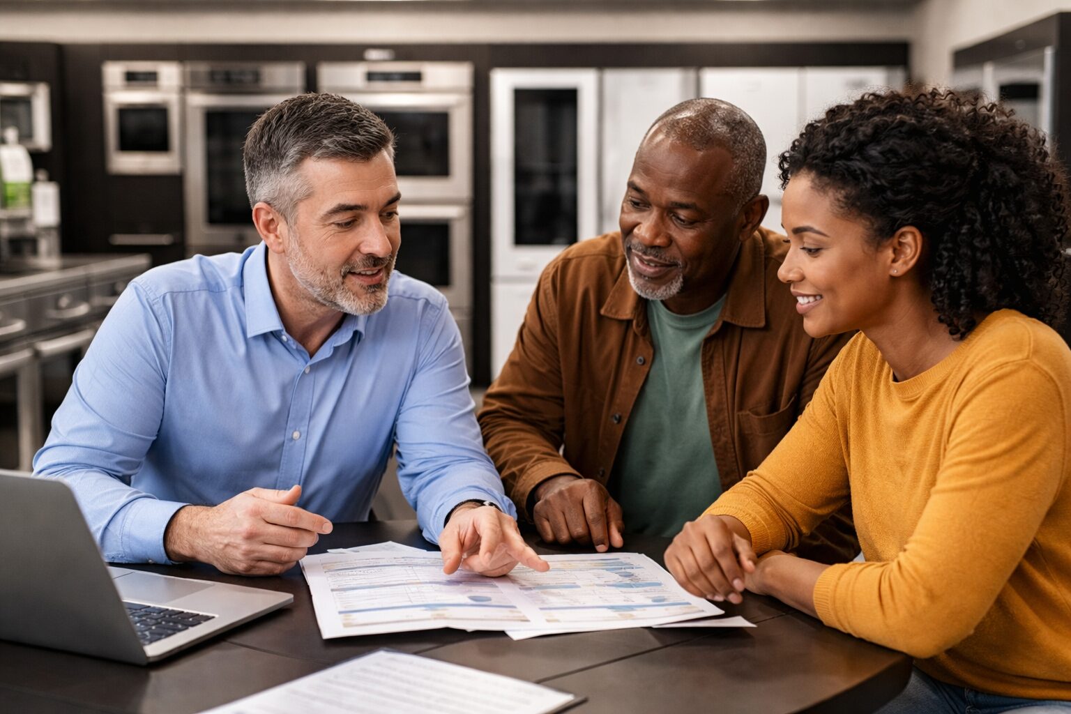 couple reviewing warranty documents with appliance sales associate in modern appliance showroom