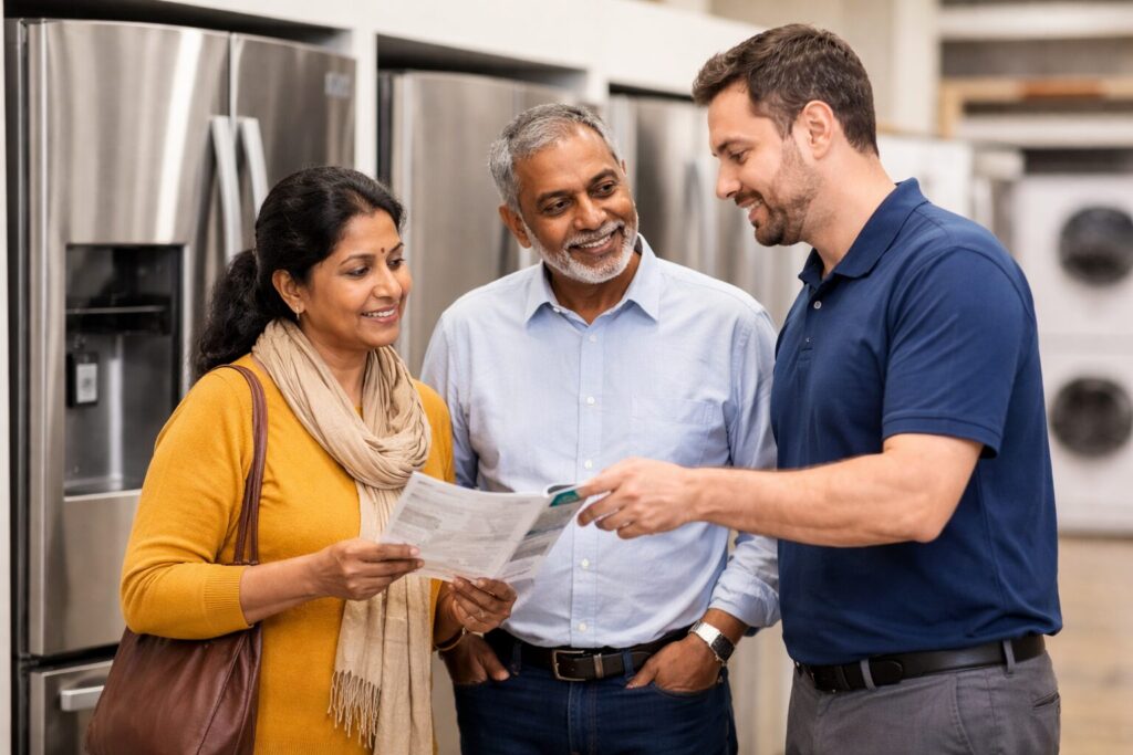 Older Indian couple discussing appliance warranty options with a sales associate in a modern appliance showroom