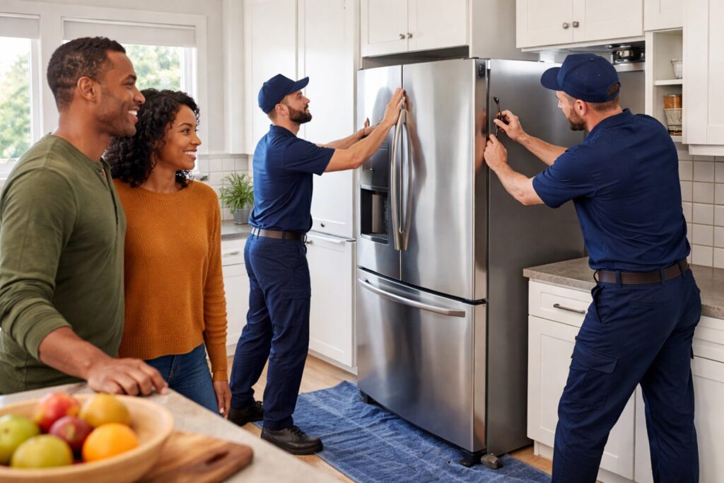 Couple shopping for kitchen appliances in a bright showroom with a sales associate assisting them