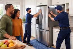Couple shopping for kitchen appliances in a bright showroom with a sales associate assisting them