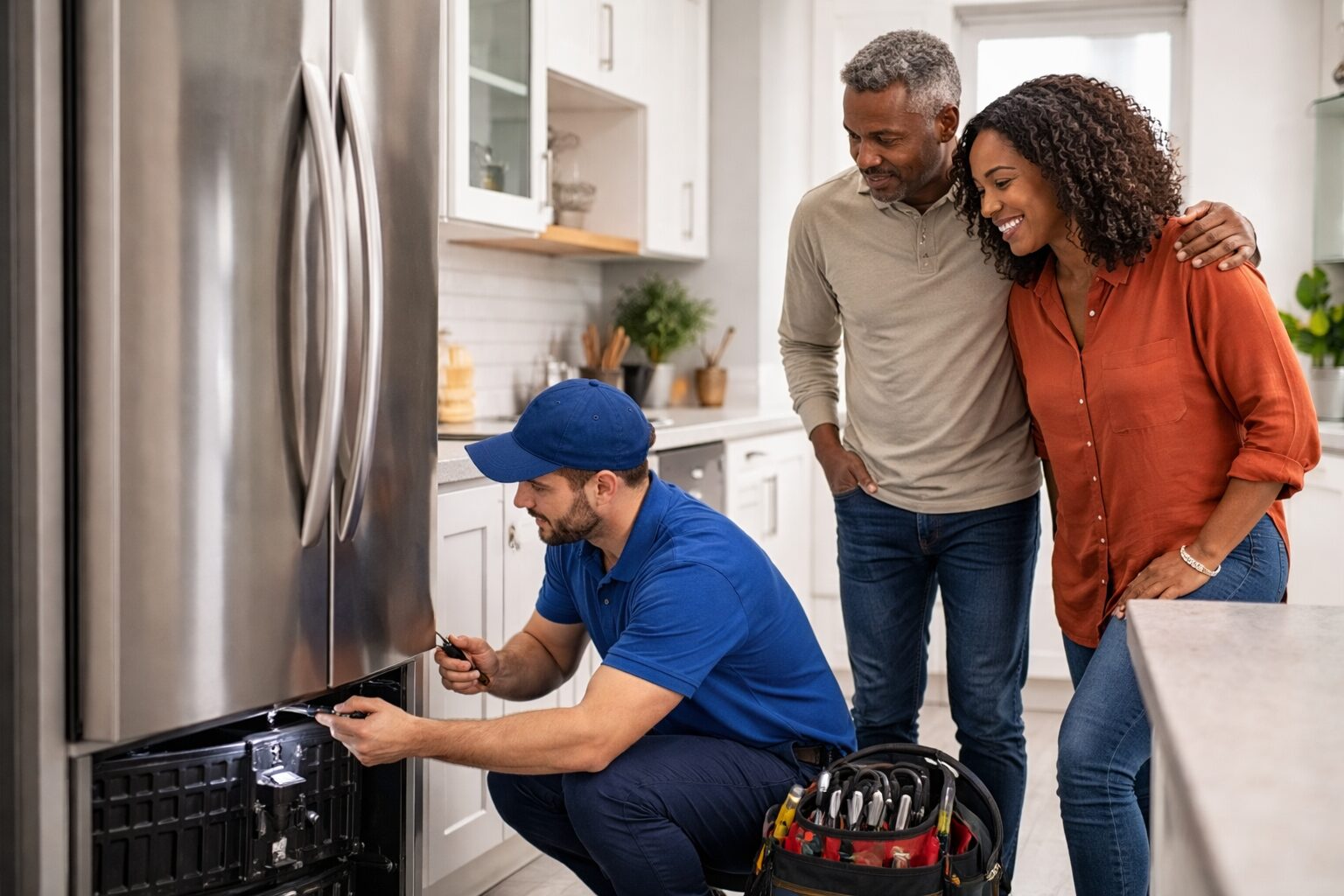 couple examining modern kitchen appliances in showroom with sales associate assisting them