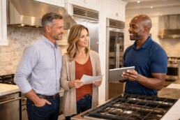 Couple discussing warranty options with appliance sales associate in modern showroom surrounded by luxury kitchen appliances