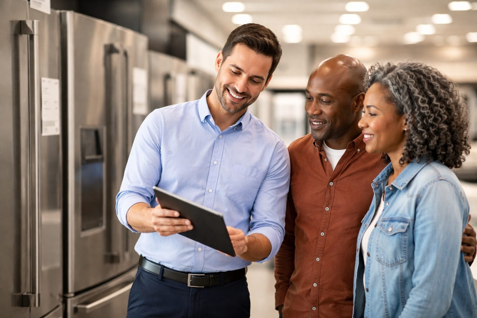 Appliance sales associate helping a diverse couple choose a refrigerator in a bright modern showroom