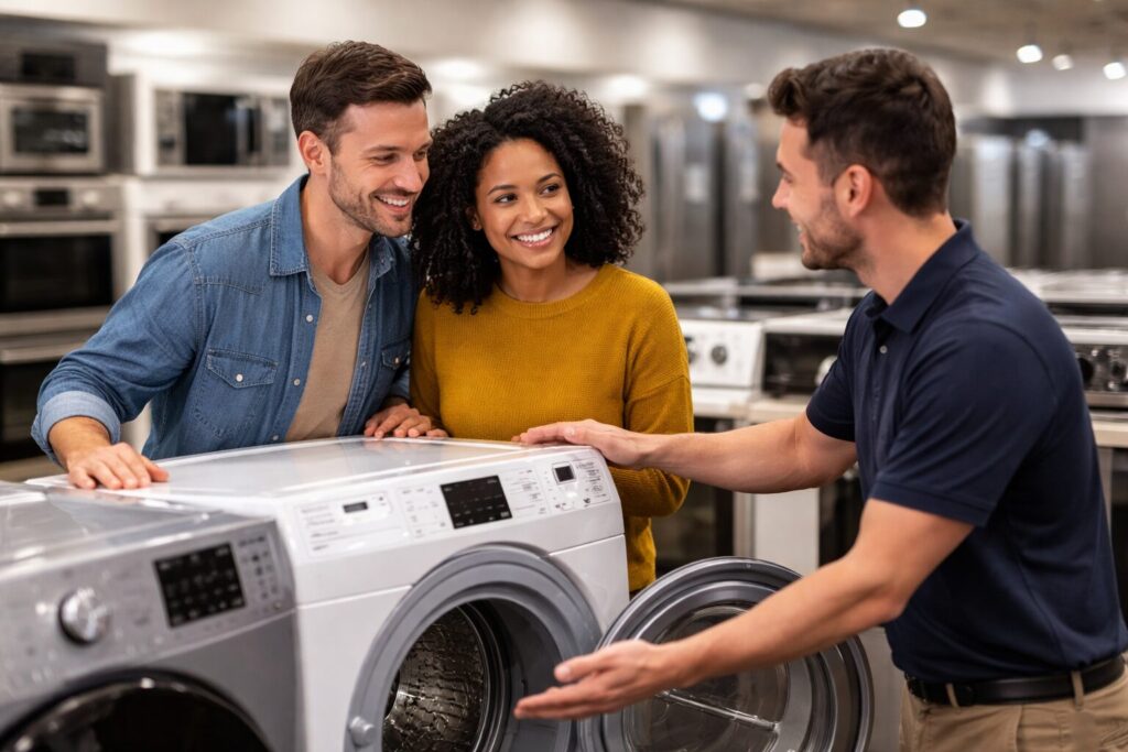 couple shopping for a refrigerator in a bright modern appliance showroom with a sales associate assisting them