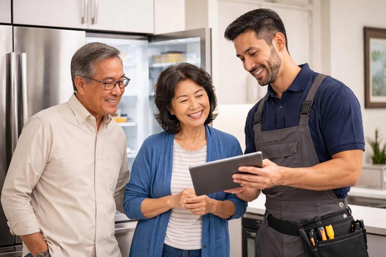 Asian older couple discussing appliance warranty options with a sales associate in a modern appliance showroom