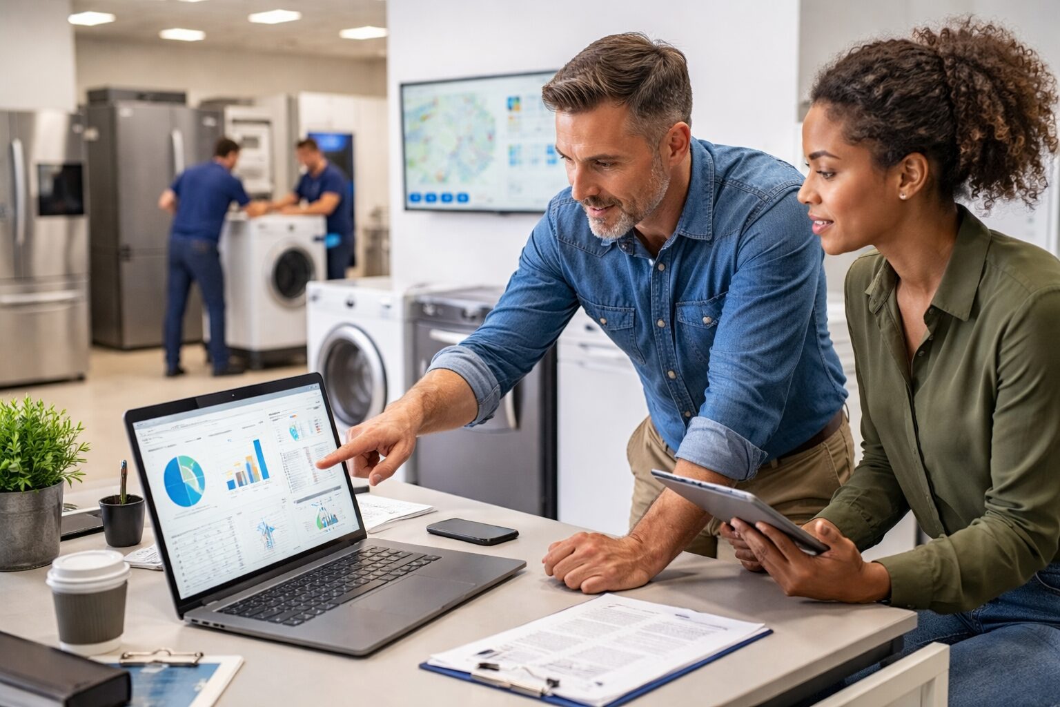 Appliance sales associate assisting a diverse couple in a modern showroom with kitchen appliances on display