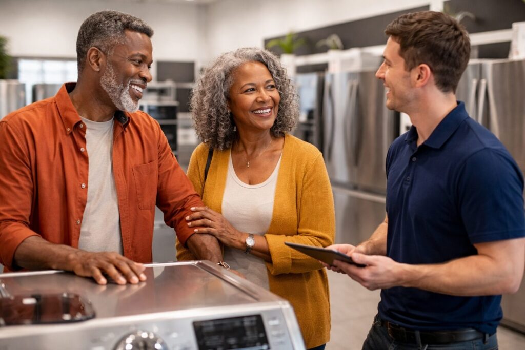 Black older adult couple discussing appliance warranty options with a sales associate in a modern appliance showroom