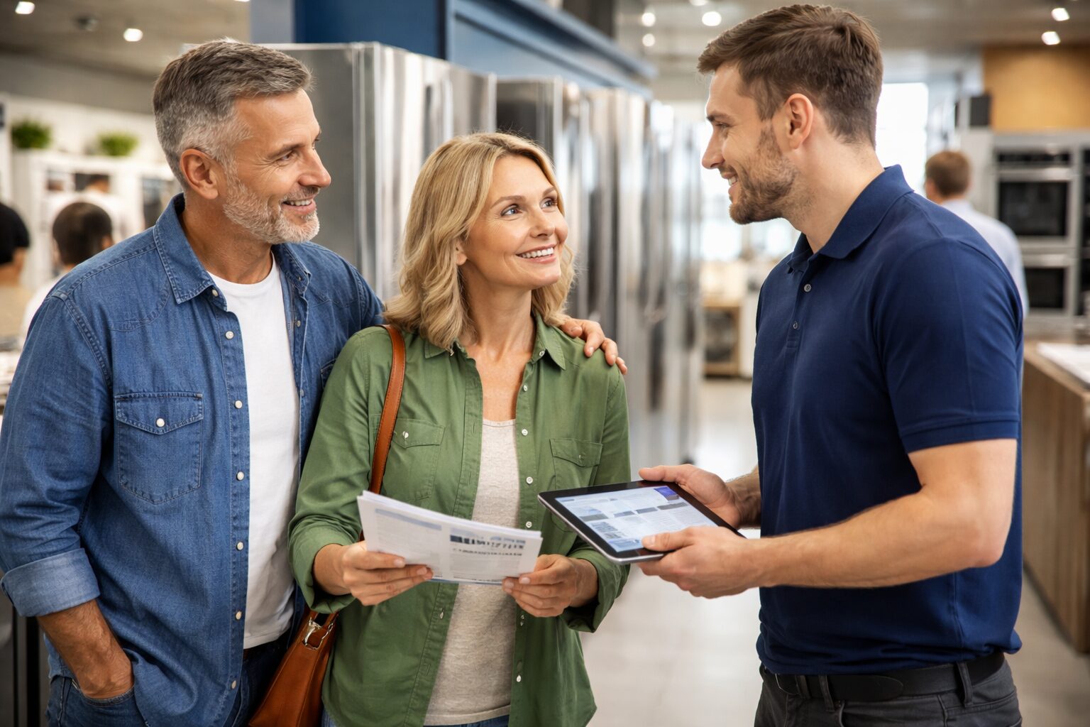 Appliance sales associate explaining warranty options to a middle-aged couple shopping in a modern appliance showroom