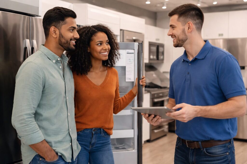 diverse group of customers and sales associates discussing appliance warranties in a modern showroom with various appliances