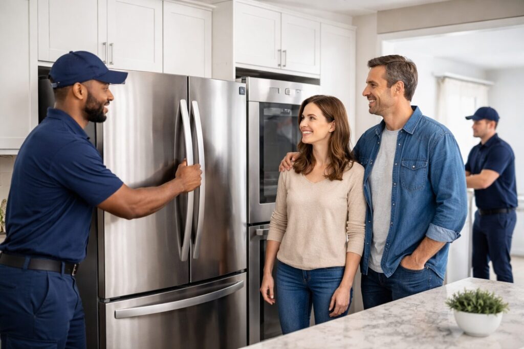 Appliance technician discussing repair or replacement options with a middle-aged couple in a modern kitchen showroom