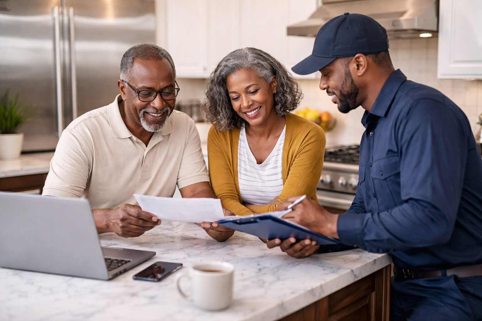 older Black couple examining modern luxury kitchen appliances in a bright showroom with a sales associate nearby
