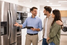 Salesperson discussing warranty options with a customer in an appliance store showroom surrounded by modern appliances