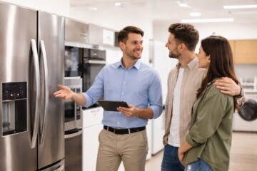 Salesperson discussing warranty options with a customer in an appliance store showroom surrounded by modern appliances