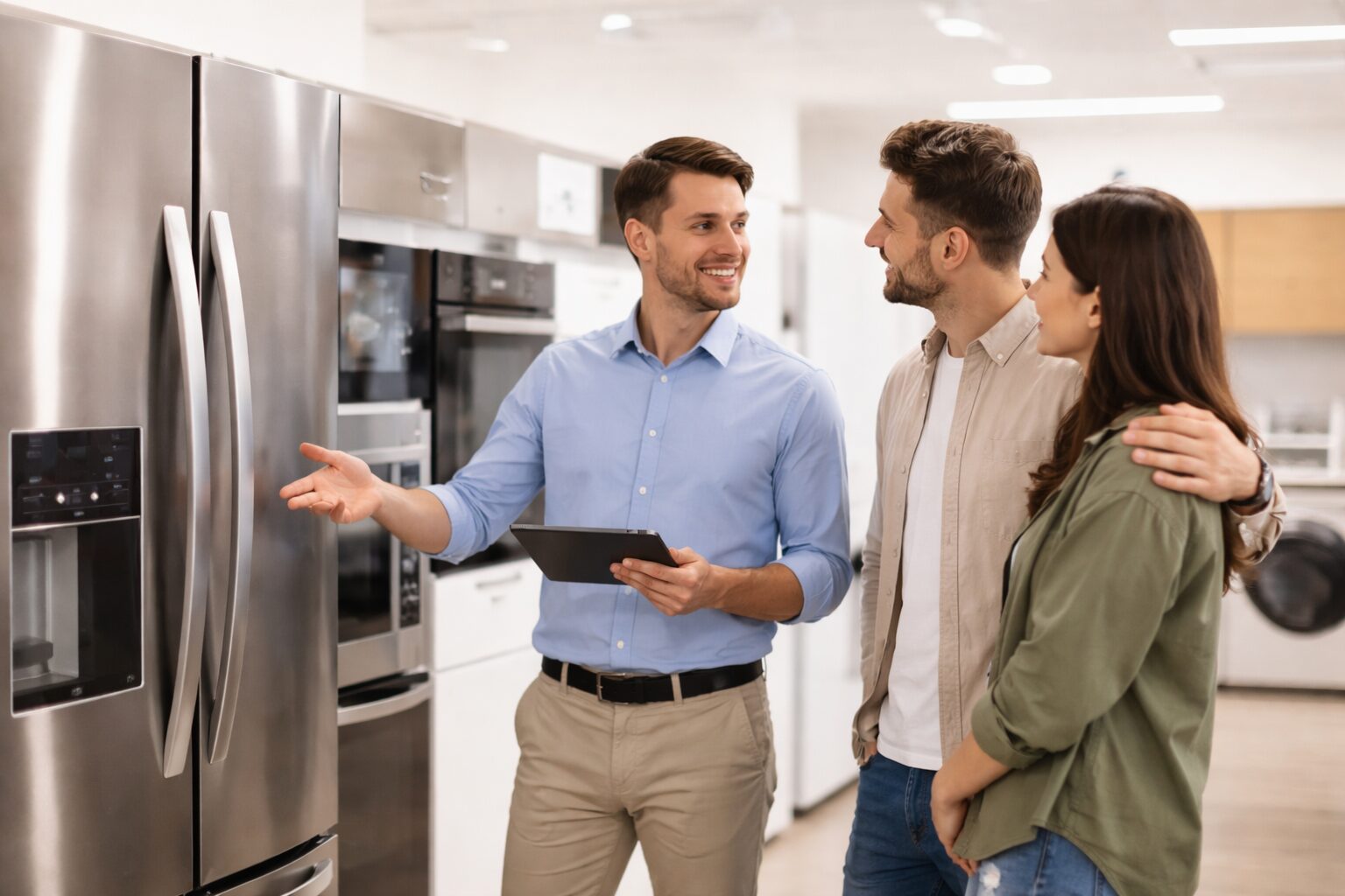 Salesperson discussing warranty options with a customer in an appliance store showroom surrounded by modern appliances