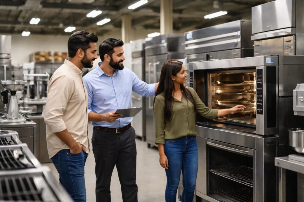 commercial equipment showroom with diverse customers and staff discussing appliances displayed in organized rows