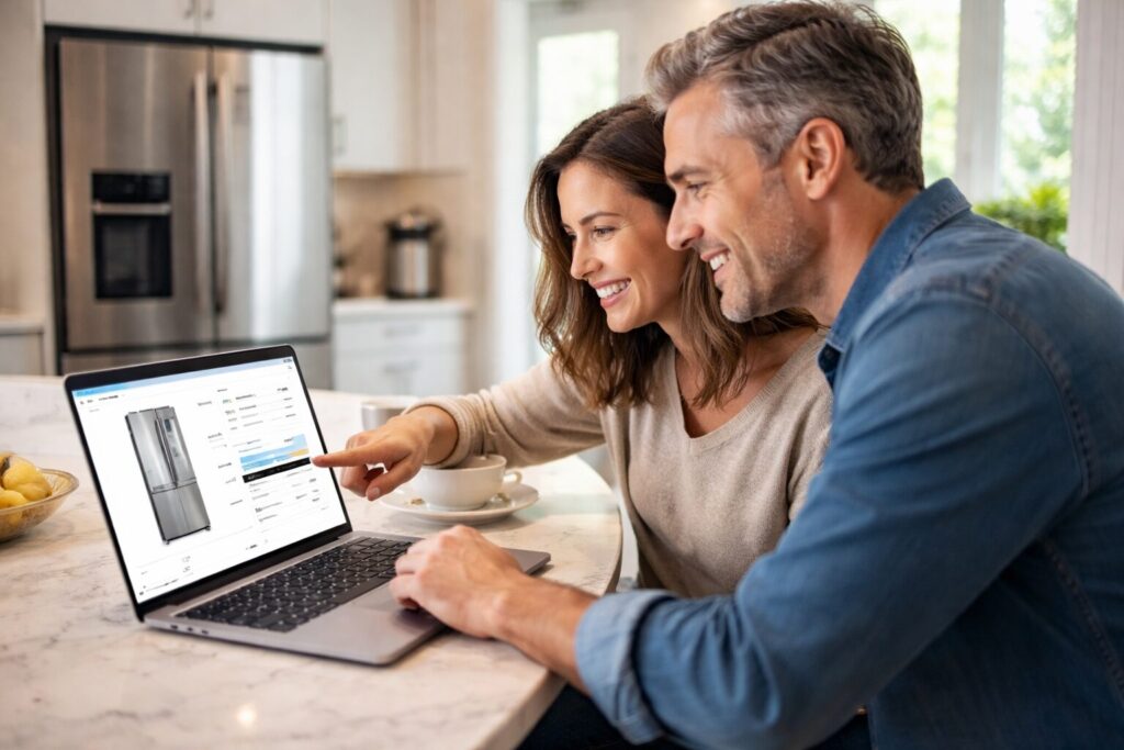 couple shopping for kitchen appliances in a modern showroom discussing warranty options with sales associate nearby