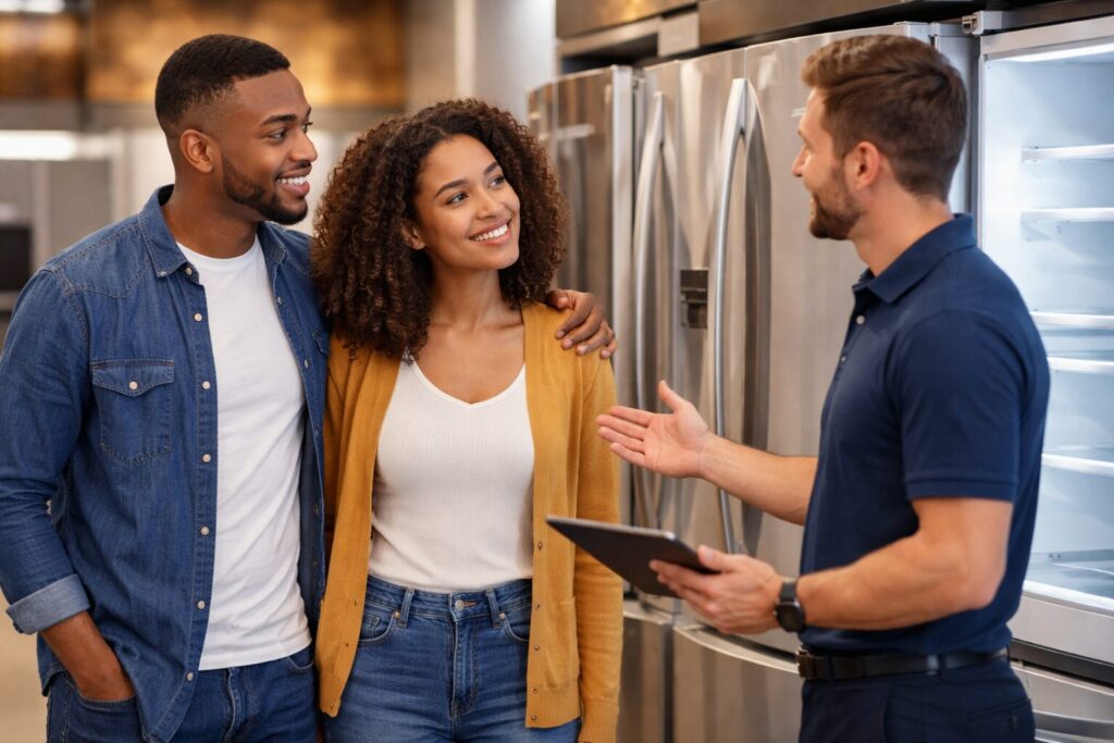couple shopping for kitchen appliances in a bright modern showroom with a sales associate assisting them