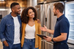 couple shopping for kitchen appliances in a bright modern showroom with a sales associate assisting them