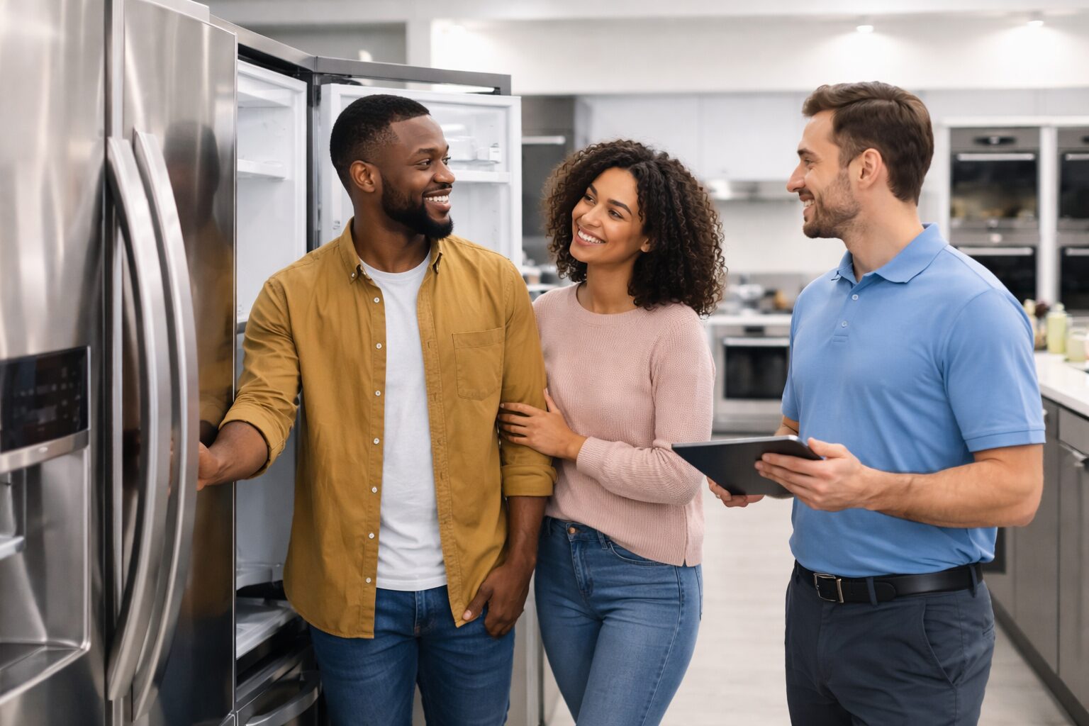 Diverse group of customers and sales associates interacting around modern kitchen appliances in a bright showroom