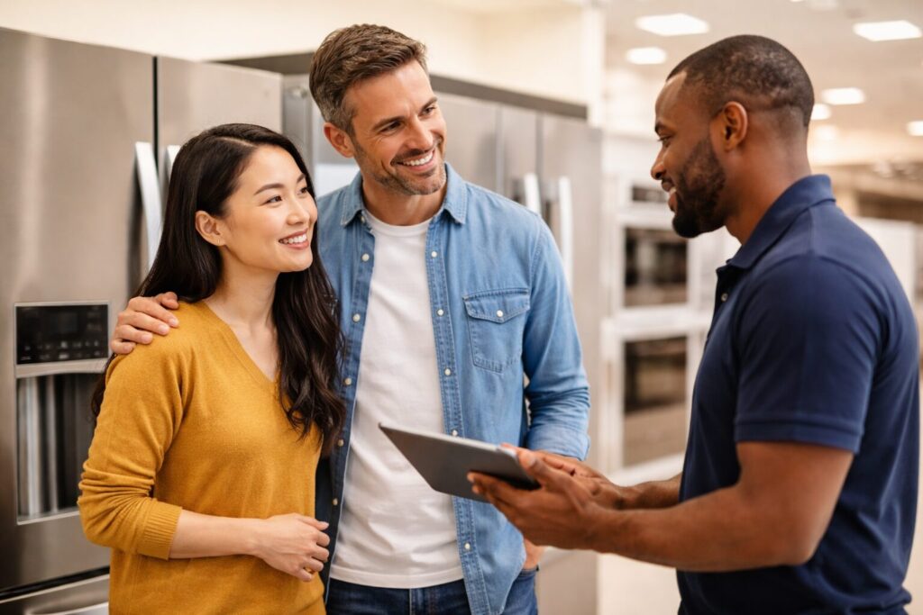 multicultural family shopping for modern kitchen appliances in a bright showroom with a sales associate assisting them