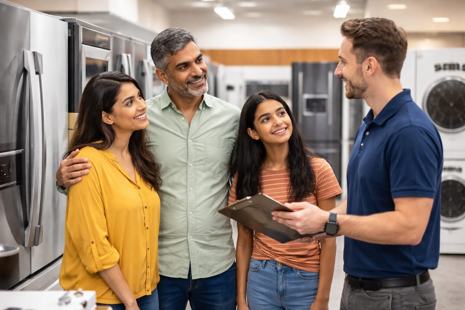 Diverse family shopping for modern kitchen appliances in a bright showroom with a sales associate assisting them
