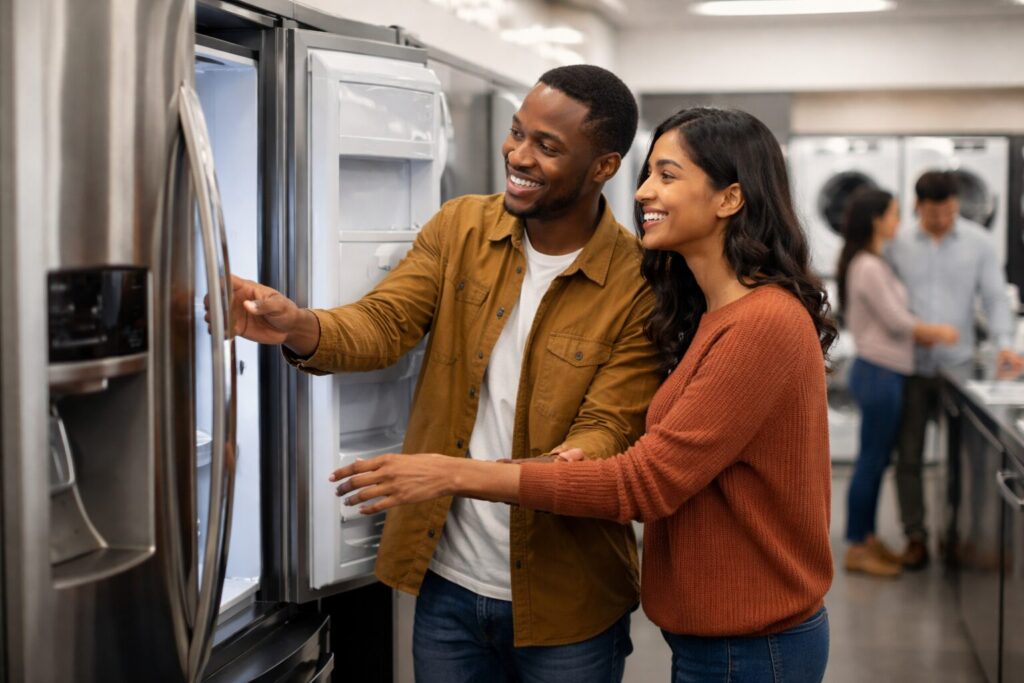 Multicultural family shopping for modern kitchen appliances in a bright showroom with a sales associate assisting them