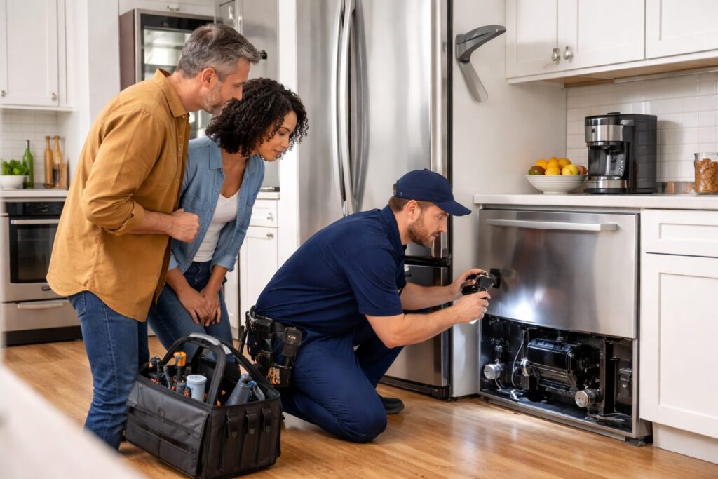 Homeowner and technician inspecting a modern refrigerator in a bright kitchen during an appliance repair visit