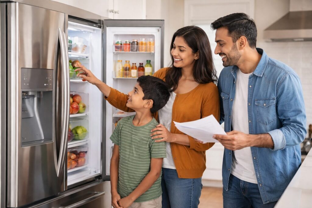 Brown family of four shopping for modern kitchen appliances in a bright showroom with a sales associate assisting them